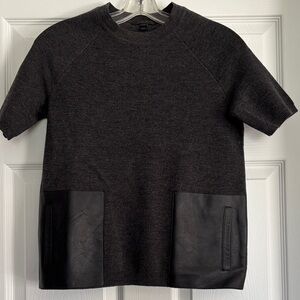 J. Crew Dark Gray 100% Wool Crewneck Sweater with Black Leather Accent Pockets